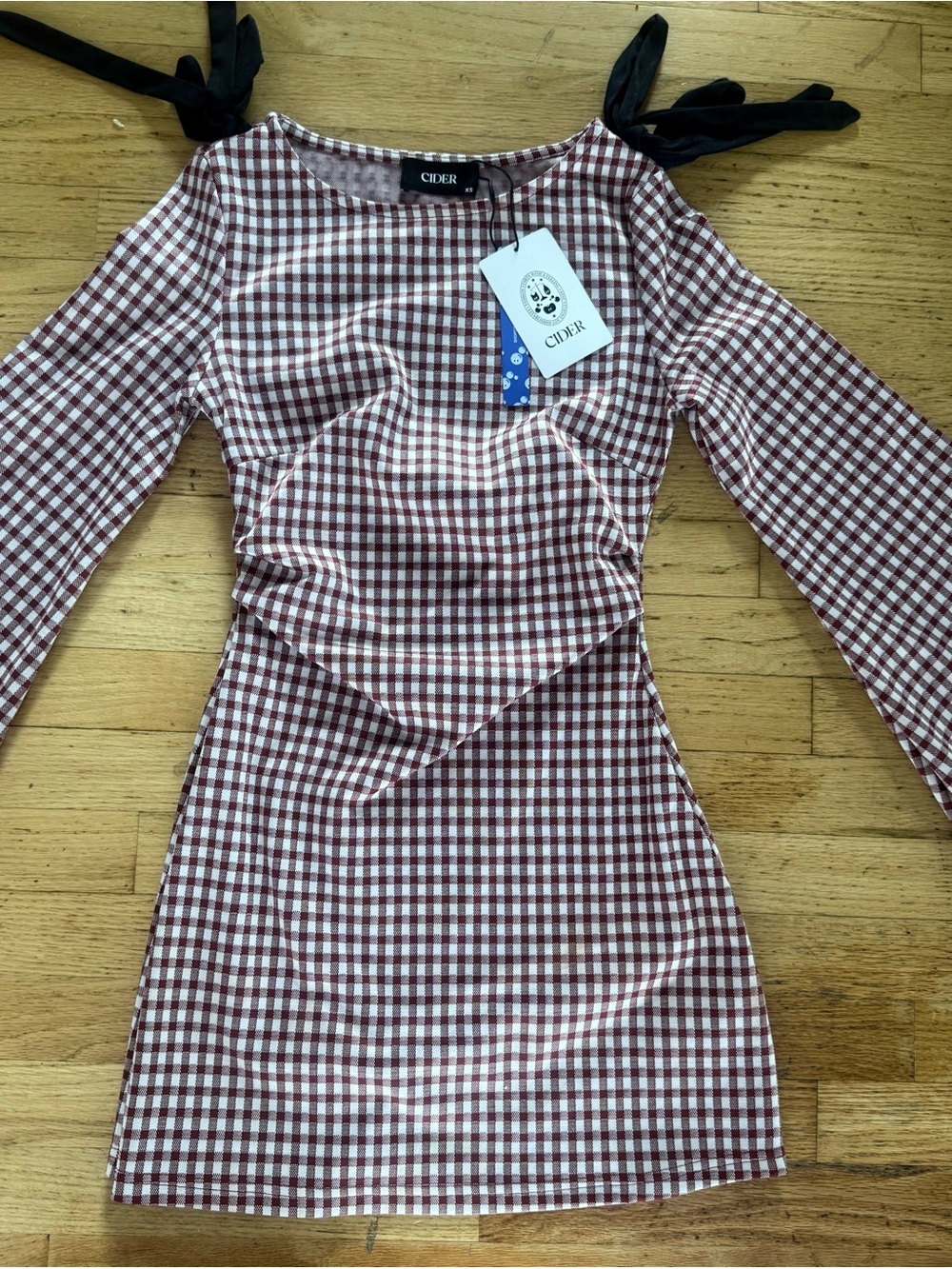 Cider Burgundy and White Gingham Tie-Shoulder Mini Dress Xs NWT